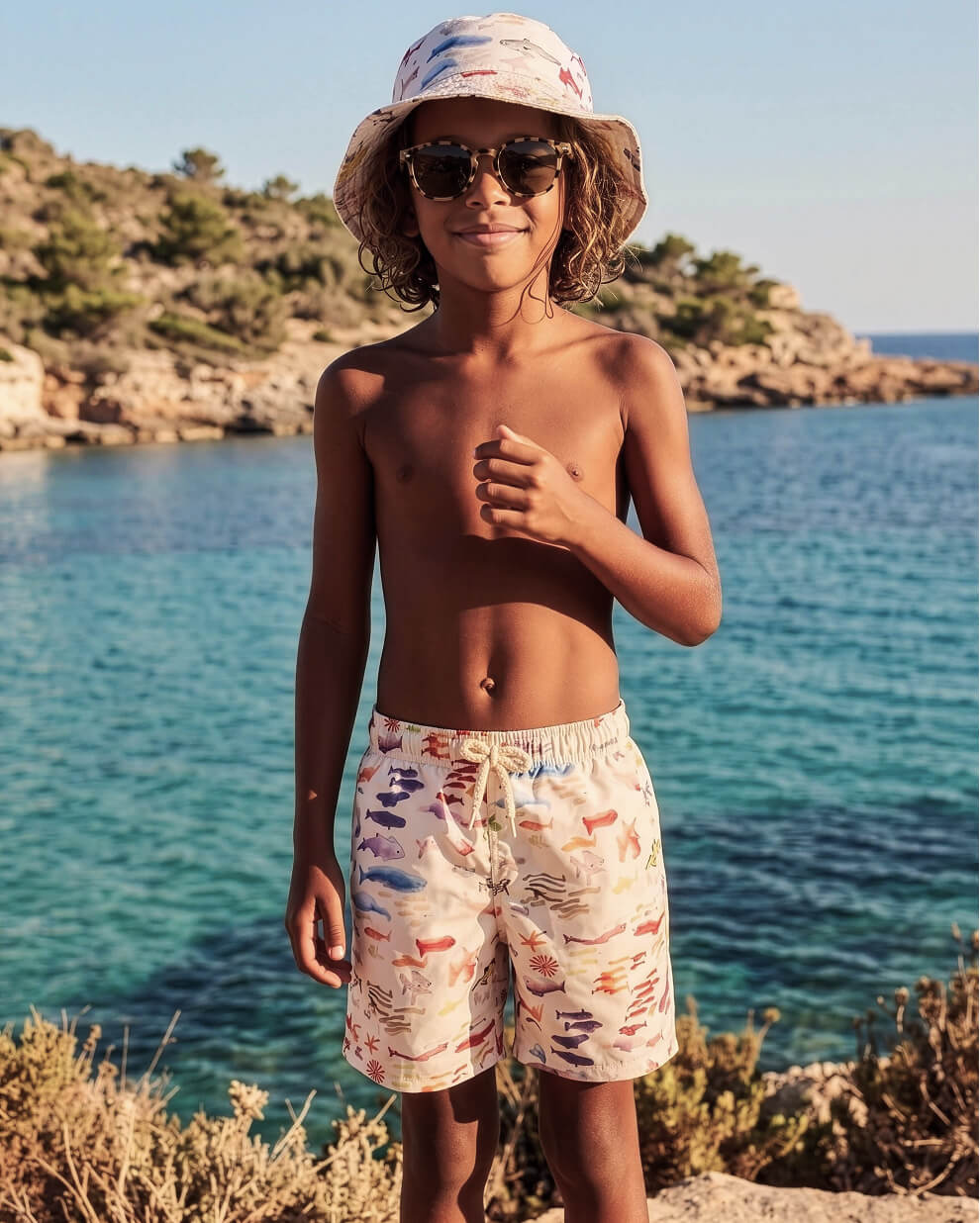 Bambino in costume da bagno con cappello e occhiali da sole.